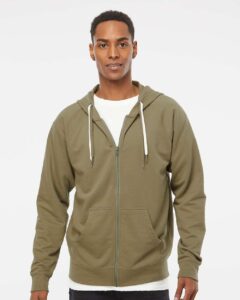Independent Trading Co. SS1000Z Unisex Icon Lightweight Loopback Terry Full-Zip Hooded Sweatshirt – Olive (on model)