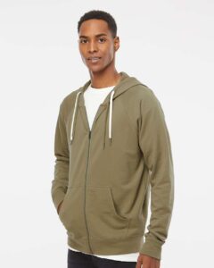 Independent Trading Co. SS1000Z Unisex Icon Lightweight Loopback Terry Full-Zip Hooded Sweatshirt – Olive (on model side)