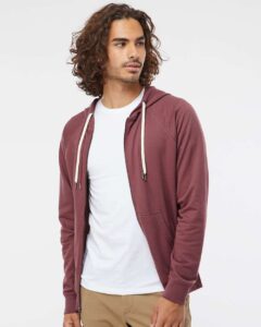 Independent Trading Co. SS1000Z Unisex Icon Lightweight Loopback Terry Full-Zip Hooded Sweatshirt – Port (on model)