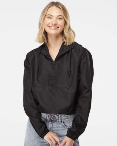 Independent Trading Co. EXP64CRP Women’s Lightweight Quarter-Zip Pullover Crop Windbreaker – Black (on model)