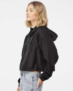 Independent Trading Co. EXP64CRP Women’s Lightweight Quarter-Zip Pullover Crop Windbreaker – Black (on model side)