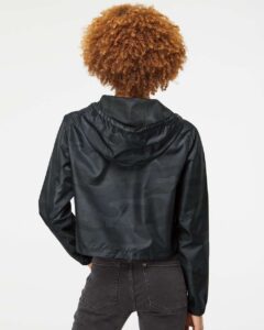 Independent Trading Co. EXP64CRP Women’s Lightweight Quarter-Zip Pullover Crop Windbreaker – Black Camo (on model back)