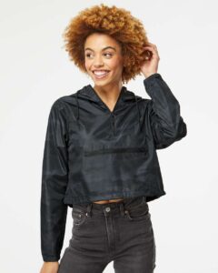 Independent Trading Co. EXP64CRP Women’s Lightweight Quarter-Zip Pullover Crop Windbreaker – Black Camo (on model)