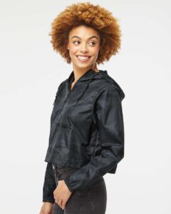 Independent Trading Co. EXP64CRP Women’s Lightweight Quarter-Zip Pullover Crop Windbreaker – Black Camo (on model side)