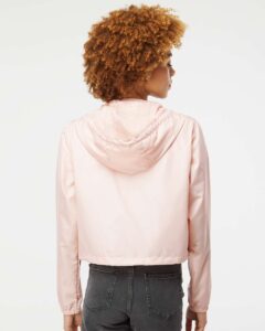 Independent Trading Co. EXP64CRP Women’s Lightweight Quarter-Zip Pullover Crop Windbreaker – Blush/ White Zipper (on model back)