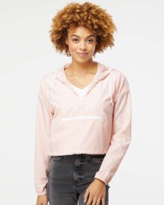 Independent Trading Co. EXP64CRP Women’s Lightweight Quarter-Zip Pullover Crop Windbreaker – Blush/ White Zipper (on model)
