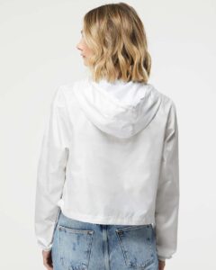 Independent Trading Co. EXP64CRP Women’s Lightweight Quarter-Zip Pullover Crop Windbreaker – White Camo (on model back)