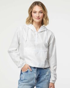 Independent Trading Co. EXP64CRP Women’s Lightweight Quarter-Zip Pullover Crop Windbreaker – White Camo (on model)