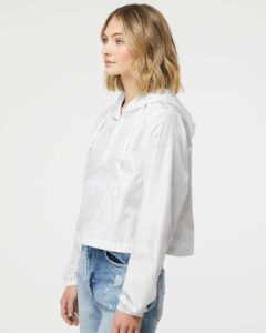 Independent Trading Co. EXP64CRP Women’s Lightweight Quarter-Zip Pullover Crop Windbreaker – White Camo (on model side)