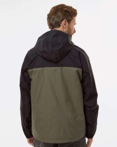 DRI DUCK 5335 Unisex Torrent Waterproof Hooded Jacket – Olive/ Black (on model back)