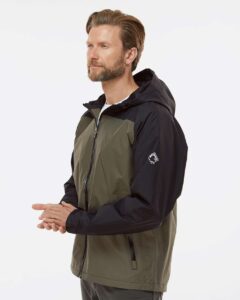 DRI DUCK 5335 Unisex Torrent Waterproof Hooded Jacket – Olive/ Black (on model side)