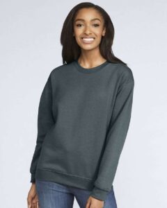 Gildan SF000 Unisex Softstyle® Midweight Crewneck Sweatshirt – Dark Heather (on model)