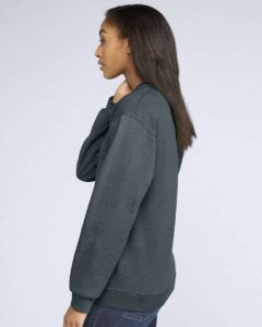 Gildan SF000 Unisex Softstyle® Midweight Crewneck Sweatshirt – Dark Heather (on model side)