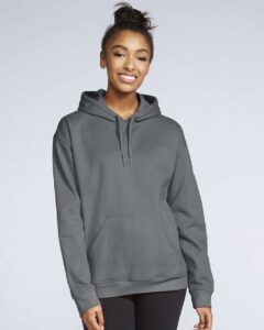 Gildan SF500 Unisex Softstyle® Midweight Hooded Sweatshirt – Charcoal (on model)