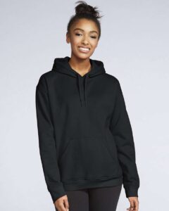 Gildan SF500 Unisex Softstyle® Midweight Hooded Sweatshirt – Black (on model)
