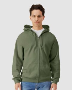 Gildan SF600 Unisex Softstyle® Midweight Full-Zip Hooded Sweatshirt – Military Green (on model)