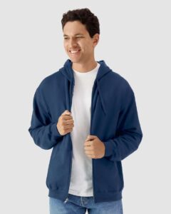 Gildan SF600 Unisex Softstyle® Midweight Full-Zip Hooded Sweatshirt – Navy (on model)