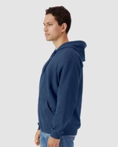 Gildan SF600 Unisex Softstyle® Midweight Full-Zip Hooded Sweatshirt – Navy (on model side)