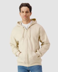 Gildan SF600 Unisex Softstyle® Midweight Full-Zip Hooded Sweatshirt – Sand (on model)