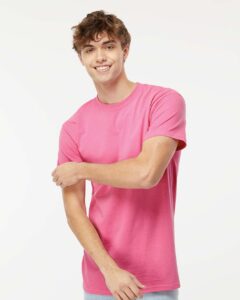 M&O 4800 Men’s Gold Soft Touch T-Shirt – Azalea (on model)