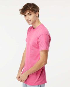 M&O 4800 Men’s Gold Soft Touch T-Shirt – Azalea (on model side)