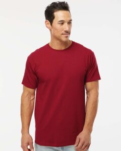 M&O 4800 Men’s Gold Soft Touch T-Shirt – Cardinal Red (on model)