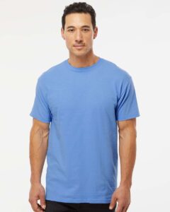 M&O 4800 Men’s Gold Soft Touch T-Shirt – Carolina Blue (on model)
