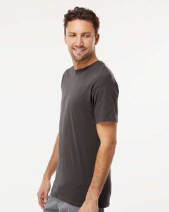 M&O 4800 Men’s Gold Soft Touch T-Shirt – Charcoal (on model side)