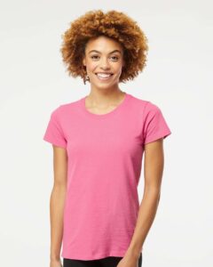 M&O 4810 Women’s Gold Soft Touch T-Shirt – Azalea (on model)