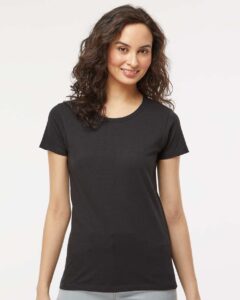 M&O 4810 Women’s Gold Soft Touch T-Shirt – Black (on model)