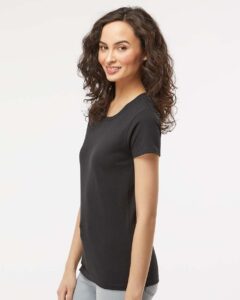 M&O 4810 Women’s Gold Soft Touch T-Shirt – Black (on model side)