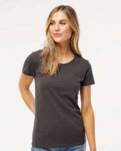 M&O 4810 Women’s Gold Soft Touch T-Shirt – Charcoal (on model)