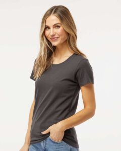 M&O 4810 Women’s Gold Soft Touch T-Shirt – Charcoal (on model side)