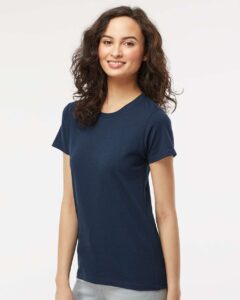 M&O 4810 Women’s Gold Soft Touch T-Shirt – Deep Navy (on model side)