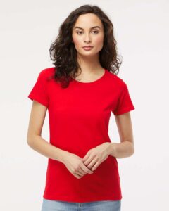 M&O 4810 Women’s Gold Soft Touch T-Shirt – Deep Red (on model)
