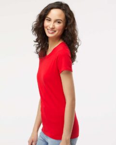 M&O 4810 Women’s Gold Soft Touch T-Shirt – Deep Red (on model side)