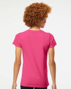 M&O 4810 Women’s Gold Soft Touch T-Shirt – Heliconia (on model back)