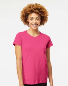 M&O 4810 Women’s Gold Soft Touch T-Shirt – Heliconia (on model)