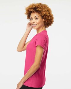 M&O 4810 Women’s Gold Soft Touch T-Shirt – Heliconia (on model side)