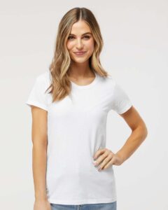 M&O 4810 Women’s Gold Soft Touch T-Shirt – White (on model)