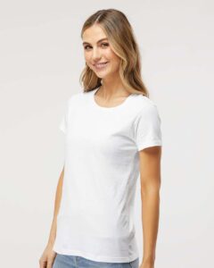 M&O 4810 Women’s Gold Soft Touch T-Shirt – White (on model side)