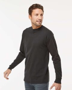 M&O 4820 Unisex Gold Soft Touch Long Sleeve T-Shirt – Black (on model side)