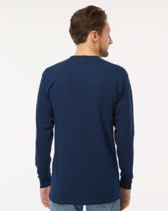 M&O 4820 Unisex Gold Soft Touch Long Sleeve T-Shirt – Deep Navy (on model back)