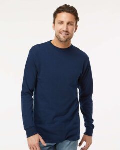 M&O 4820 Unisex Gold Soft Touch Long Sleeve T-Shirt – Deep Navy (on model)