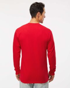 M&O 4820 Unisex Gold Soft Touch Long Sleeve T-Shirt – Deep Red (on model back)