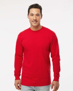 M&O 4820 Unisex Gold Soft Touch Long Sleeve T-Shirt – Deep Red (on model)