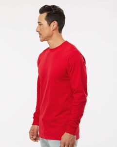 M&O 4820 Unisex Gold Soft Touch Long Sleeve T-Shirt – Deep Red (on model side)
