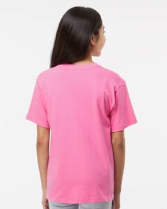 M&O 4850 Youth Gold Soft Touch T-Shirt – Azalea (on model back)