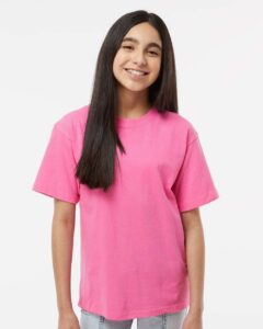 M&O 4850 Youth Gold Soft Touch T-Shirt – Azalea (on model)