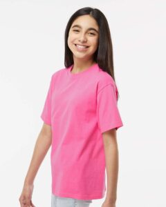 M&O 4850 Youth Gold Soft Touch T-Shirt – Azalea (on model side)